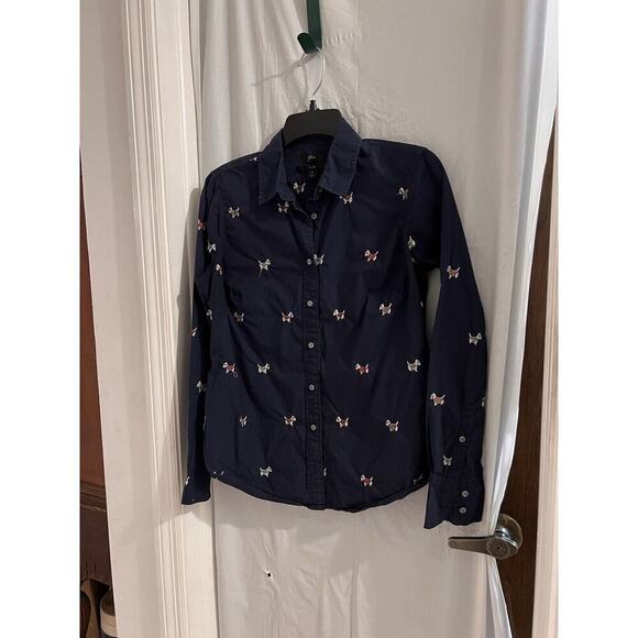 J Crew Dog Days Scottie Dog Navy Button Up Top Sz 4 Preppy Novelty Print Slim - Picture 1 of 8